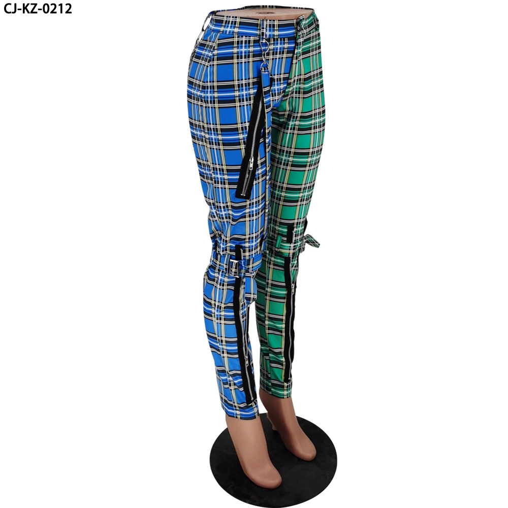 Fancy New Latest Design Spring 2021 Women&prime;s Trousers Casual Plaid Zipper Pants
